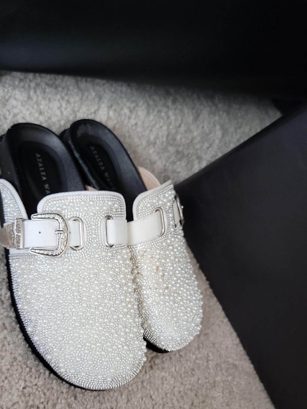 Beaded White Slip-On Mules with Buckle Size 8